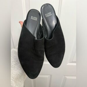 Eileen Fisher Black Suede Mules Block Heel Slip On Size 8